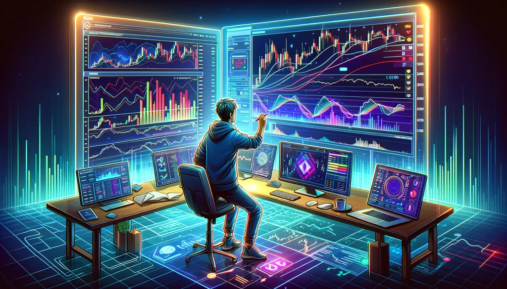 A ilustração retrata vividamente a jornada de um iniciante no mundo da análise técnica no mercado de criptomoedas, situado em um ambiente futurista e digital.