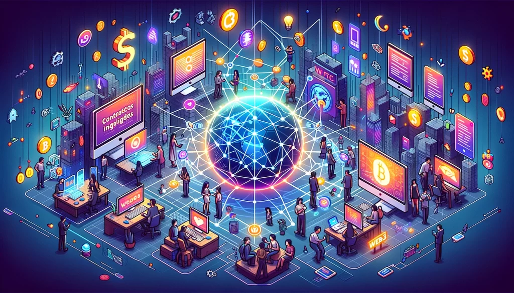 Esta ilustração dá vida ao conceito de Web3, apresentando um mundo digital futurista onde os indivíduos interagem dentro de uma rede descentralizada.