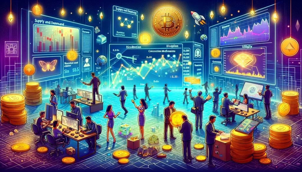 A ilustração captura vividamente o mundo dinâmico e futurista da tokenomics, ambientado em uma atmosfera de mercado financeiro. Ele mostra um grupo diversificado de personagens – investidores, desenvolvedores e usuários – interagindo neste cenário avançado.