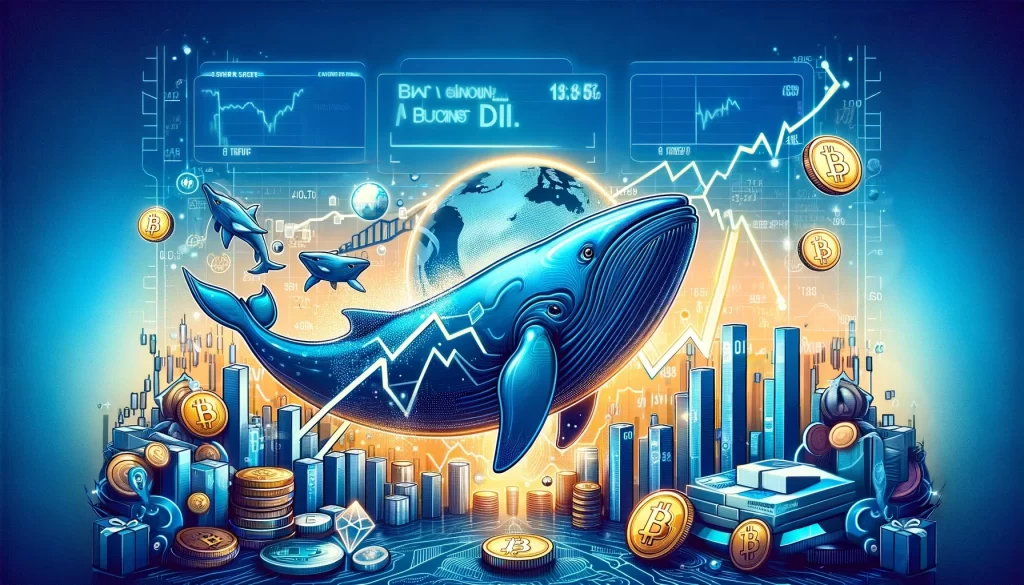 A ilustração captura vividamente a essência do artigo, mostrando a recuperação do Bitcoin e os ganhos de preço após o relatório do CPI dos EUA. Ele apresenta imagens de baleias Bitcoin comprando na queda em um cenário em que os dados do CPI superam as expectativas e a trajetória de preços do Bitcoin se aproximando de US$ 70.000.