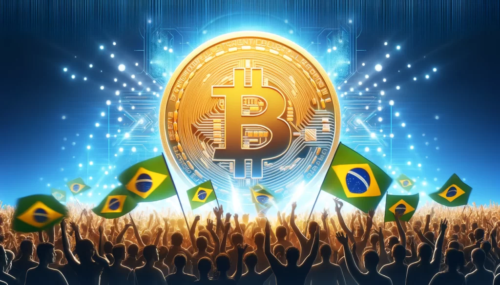 A imagem mostra uma multidão diversificada e entusiasmada, comemorando um grande símbolo de Bitcoin, contra um fundo de alta tecnologia que inclui a bandeira do Brasil. O cenário combina elementos culturais brasileiros com tecnologia moderna, destacando o apoio amplo à criptomoeda no país.