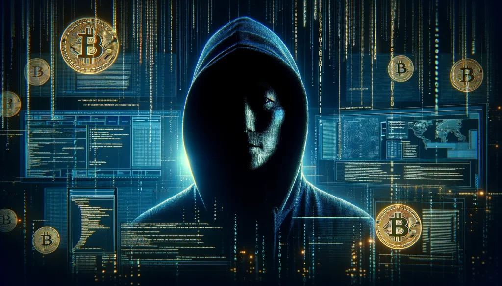 A imagem apresenta uma figura misteriosa e parcialmente visível de Satoshi Nakamoto, simbolizando o enigmático criador do Bitcoin. Ele é retratado em um ambiente altamente tecnológico, com elementos digitais e criptográficos, mantendo sua identidade anônima e destacando o caráter revolucionário da criação da criptomoeda.