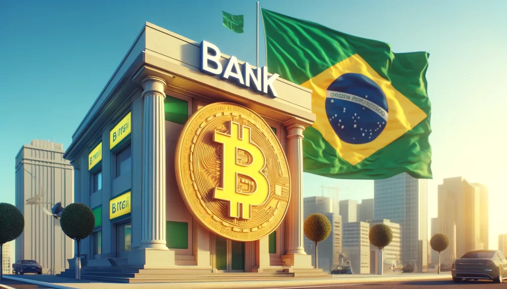 A imagem mostra a fachada de um banco com uma grande moeda de Bitcoin na frente e a bandeira do Brasil ao fundo.