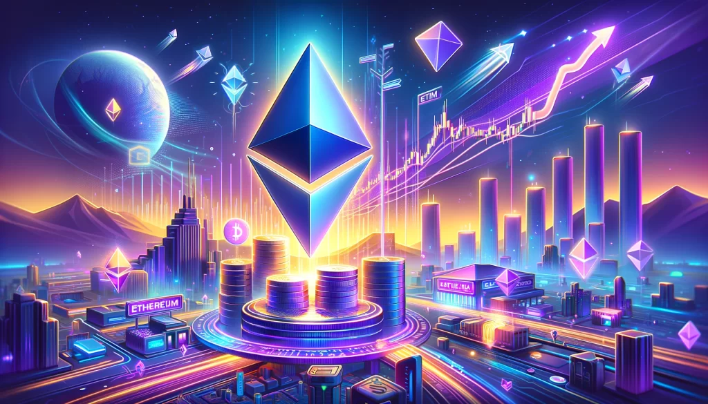 A ilustração dinâmica apresenta um cenário futurista onde uma grande moeda de Ethereum surge brilhando em um cenário digital. Elementos gráficos sugerem um movimento ascendente, representando o aumento de 8% no preço, enquanto ícones que remetem a ETFs e grandes transações financeiras circundam a cena, capturando a especulação e as atividades estratégicas do mercado.