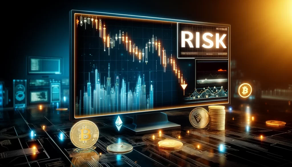 A imagem apresenta um gráfico de negociação predominantemente descendente, simbolizando uma correção de mercado, com o termo "RISK" destacado, tudo ambientado em um fundo tecnológico futurista com padrões de circuitos e luzes neon.
