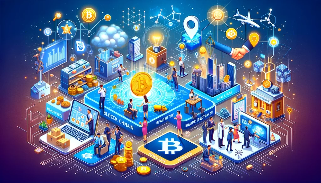 A ilustração captura uma ampla gama de aplicações blockchain do mundo real em vários setores, desde finanças e cadeia de suprimentos até saúde, imobiliário, identidade digital e energia.