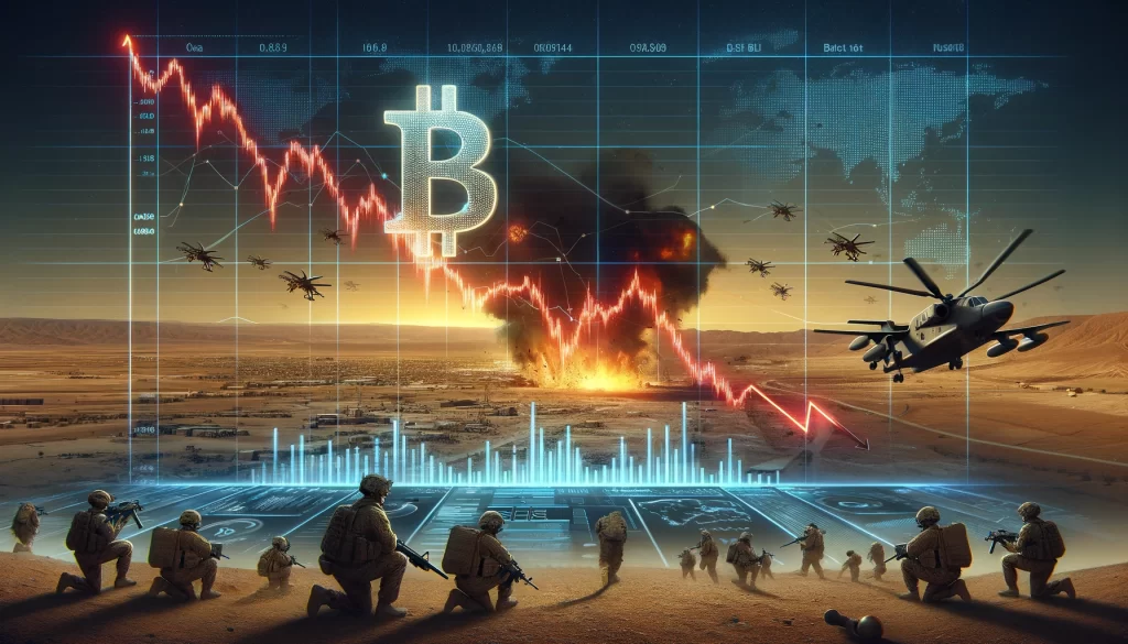 A imagem apresenta um gráfico de negociação em queda com o símbolo do Bitcoin, sobreposto a um cenário de guerra no Oriente Médio dentro de um ambiente tecnológico futurista, combinando conflitos tradicionais com elementos de alta tecnologia como drones e displays digitais.