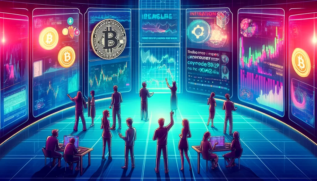 A ilustração mostra indivíduos em um cenário futurista, interagindo com displays que apresentam gráficos de negociação e elementos de criptomoedas, incluindo Bitcoin. Incorpora sutilmente símbolos que representam o Federal Reserve ou o índice de inflação