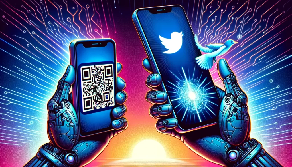 A ilustração mostra duas mãos segurando smartphones, uma exibindo o logotipo do Twitter e a outra um QR code representando o protocolo Nostr.