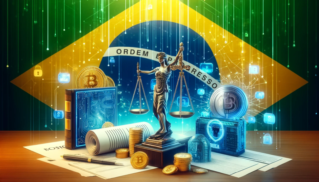 A imagem representação da regulamentação de criptomoedas no Brasil, com um símbolo central do Bitcoin, complementado por elementos legais como a deusa da justiça Themis, balanças e documentos, tudo ambientado contra um fundo que integra sutilmente a bandeira brasileira, em um contexto tecnológico moderno.