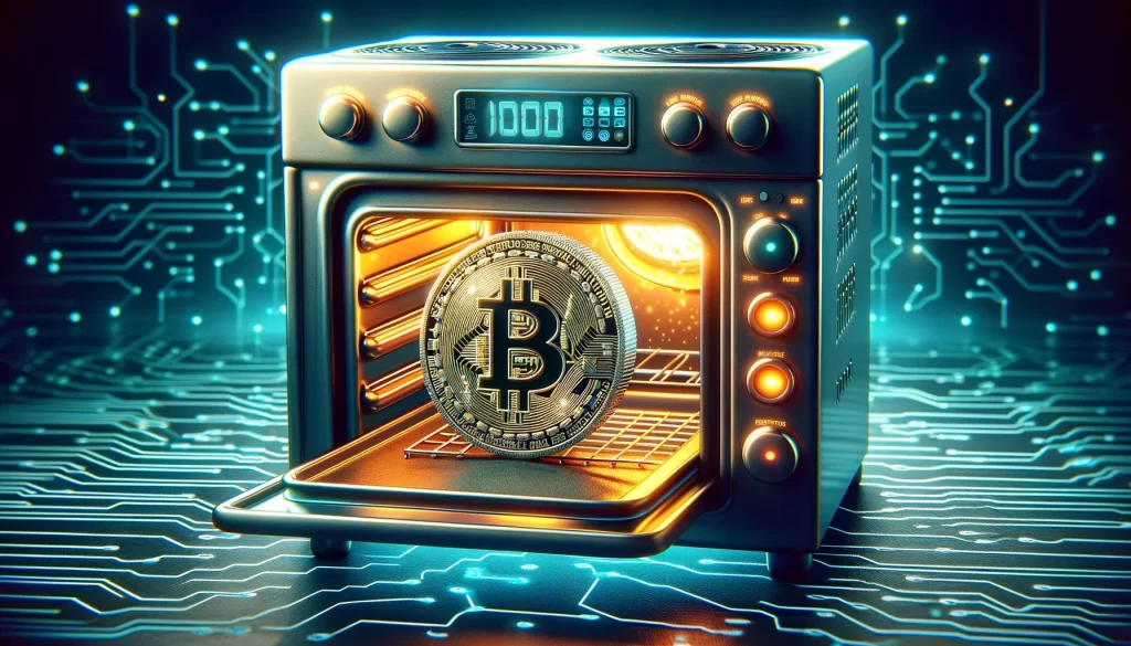 A imagem apresenta um novo Bitcoin saindo de um forno futurista, com um display digital exibindo "1000". O ambiente é tecnologicamente avançado, com padrões de circuito e elementos luminosos, destacando a produção inovadora de criptomoedas pós-halving.