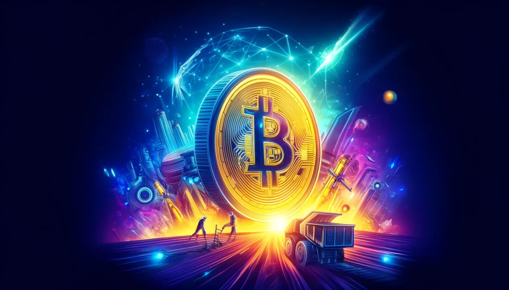 Uma ilustração futurista que representa o evento de halving do Bitcoin, com uma representação visual de uma moeda de Bitcoin sendo dividida ao meio, cercada por elementos simbólicos da mineração e setas ascendentes indicando aumento potencial de valor, tudo em cores vibrantes.