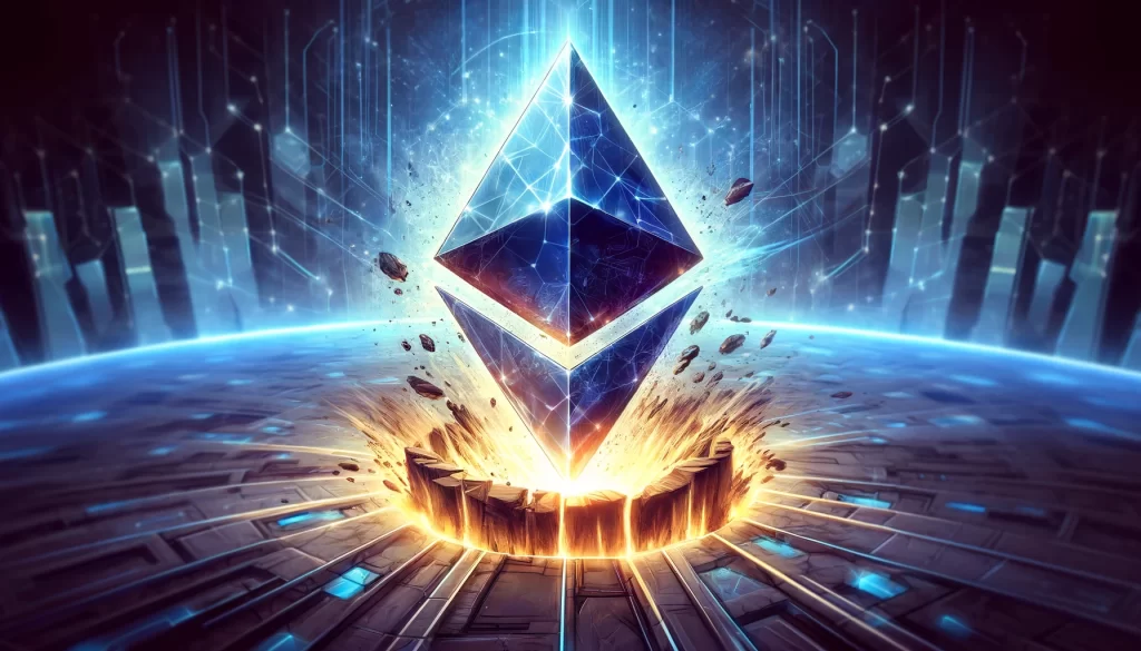 A imagem ilustra o logotipo do Ethereum como uma entidade dinâmica e poderosa, ganhando força para romper uma barreira digital de alta tecnologia.