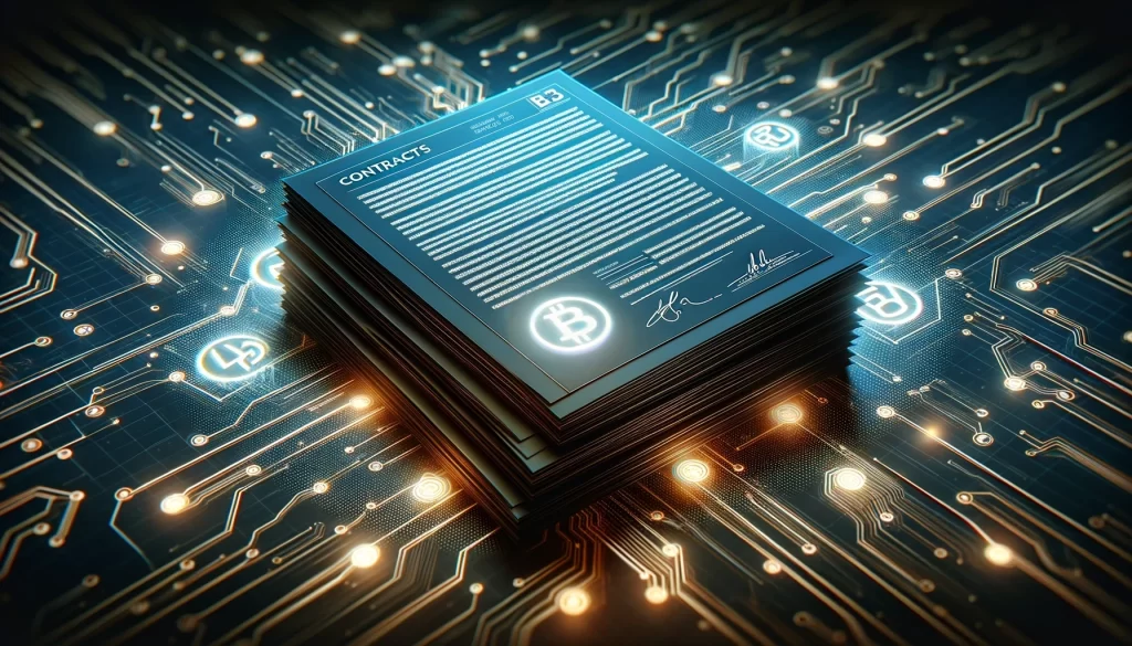 A imagem apresenta uma pilha de contratos assinados, cada um destacando os símbolos 'B³' e Bitcoin, situados em um fundo altamente tecnológico com padrões de circuitos e fluxos de dados. Este design moderno simboliza a fusão entre o sucesso empresarial tradicional e os elementos inovadores das criptomoedas.