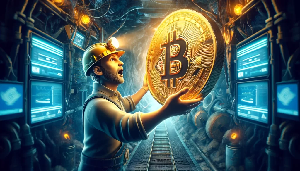 A imagem retrata um minerador, desenhado de forma realista, recebendo como recompensa uma gigantesca moeda de Bitcoin, em um ambiente de mineração de alta tecnologia. O cenário combina maquinário avançado e interfaces digitais, ressaltando a surpresa do minerador perante o tamanho impressionante da moeda.