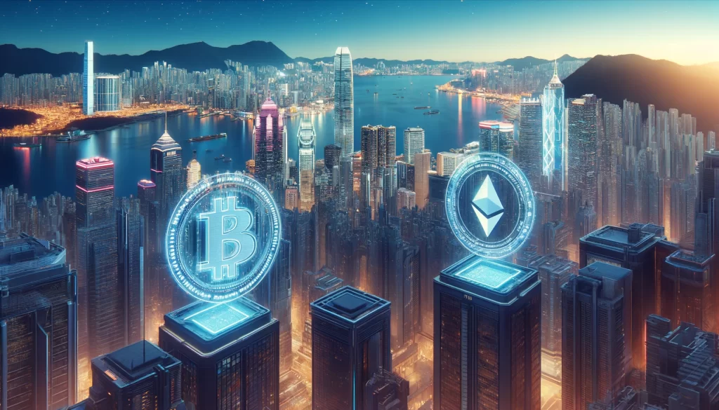 A imagem retrata o horizonte de Hong Kong, iluminado por luzes neon, com grandes displays digitais nos edifícios mostrando os símbolos do Bitcoin e do Ethereum, em um ambiente futurista e tecnologicamente avançado que enfatiza a cidade como um centro financeiro de alta tecnologia.