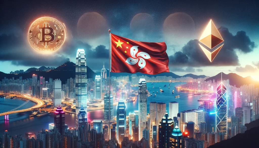 A imagem mostra a vibrante cidade de Hong Kong com a bandeira de Hong Kong destacada, refletindo a identidade nacional da cidade em meio ao seu icônico horizonte com uma iluminação futurista. A cena captura a fusão única de tradição e modernidade do centro financeiro e tecnológico com os símbolos do Bitcoin e Ethereum no céu noturno.