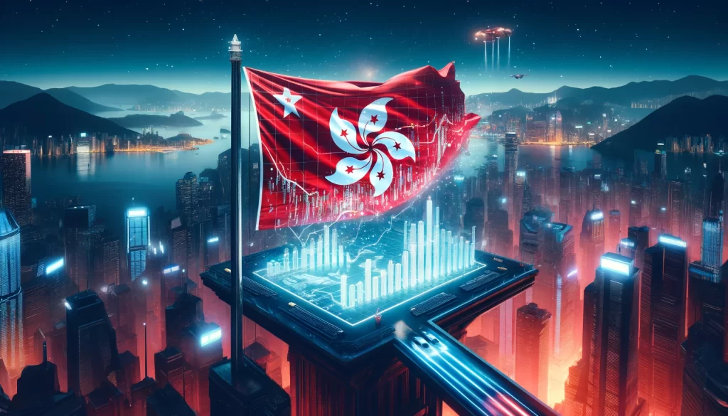 A cena imaginativa exibe a bandeira de Hong Kong, adornada com símbolos de ETFs, desfraldada no pico de um arranha-céu futurista em uma cidade iluminada por néons à noite, com carros voadores passando ao redor.