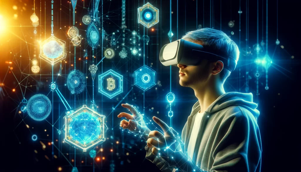 A imagem apresenta uma pessoa usando óculos de realidade virtual (VR), totalmente imersa em um jogo futurista que visualiza conceitos de descentralização e blockchain. O ambiente é altamente tecnológico, com elementos digitais e neon, incluindo redes e nós que simbolizam um sistema descentralizado.