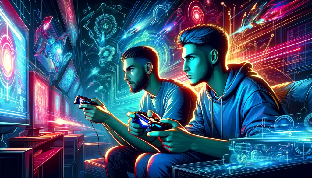 A imagem retrata dois amigos jogando videogames para adultos, imersos em um ambiente tecnológico abstrato, com controle nas mãos e foco em uma tela vibrante, rodeados por elementos digitais e neon que realçam a experiência de jogo avançado.