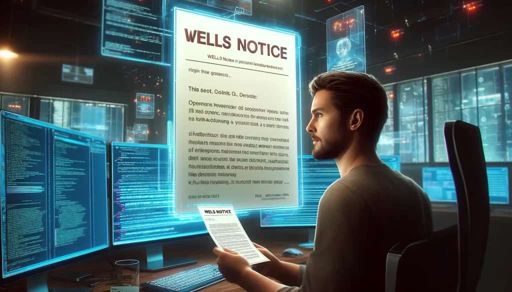 A imagem retrata um desenvolvedor de software open source em seu ambiente de trabalho tecnologicamente avançado, recebendo uma Wells Notice exibida digitalmente em uma das telas de computador. O desenvolvedor aparece concentrado e ligeiramente preocupado, refletindo a seriedade da notificação em um cenário repleto de interfaces digitais e decoração futurista.