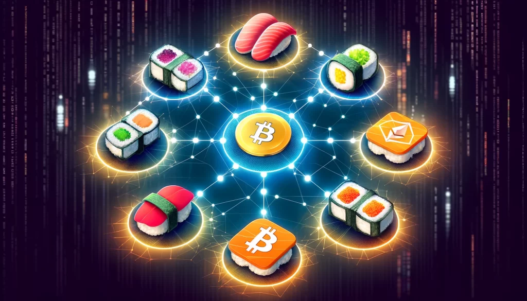 A ilustração apresenta peças de sushi organizadas em uma estrutura de rede descentralizada, entrelaçadas com símbolos de criptomoedas como Bitcoin, Ethereum e o logo do SushiSwap, sobre um fundo digital que evoca a tecnologia blockchain.