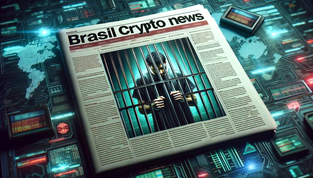 A imagem apresenta uma edição visualmente impactante do jornal "Brasil Crypto News", sem texto, focando em uma ilustração futurista de uma pessoa atrás das grades digitais, simbolizando questões legais no mundo das criptomoedas, tudo em um fundo tecnológico.