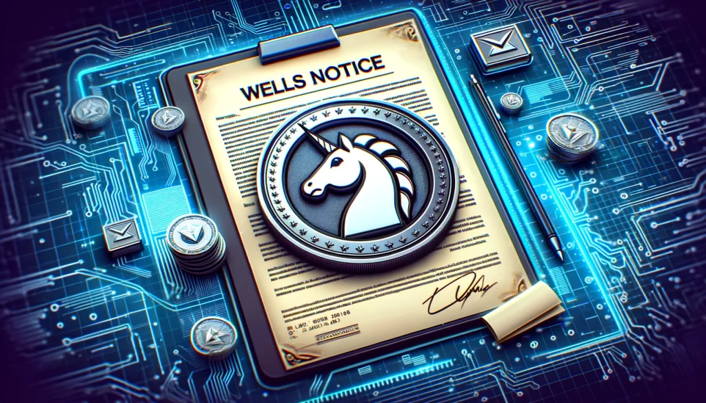 A imagem apresenta um documento representando um Wells Notice, com o logo da Uniswap — uma cabeça de unicórnio dentro de uma moeda — destacado no centro, tudo sobre um fundo tecnológico de aspecto digital e cibernético