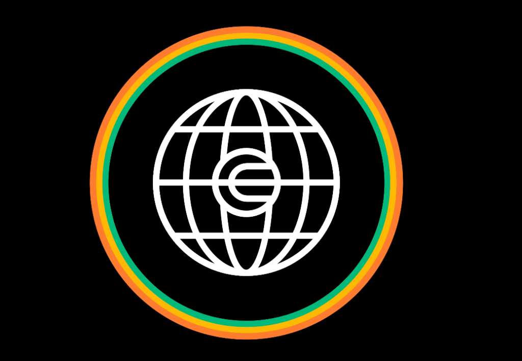 A imagem mostra o logotipo da World Chain, um globo 2D com um C no centro e circundado por linhas coloridas