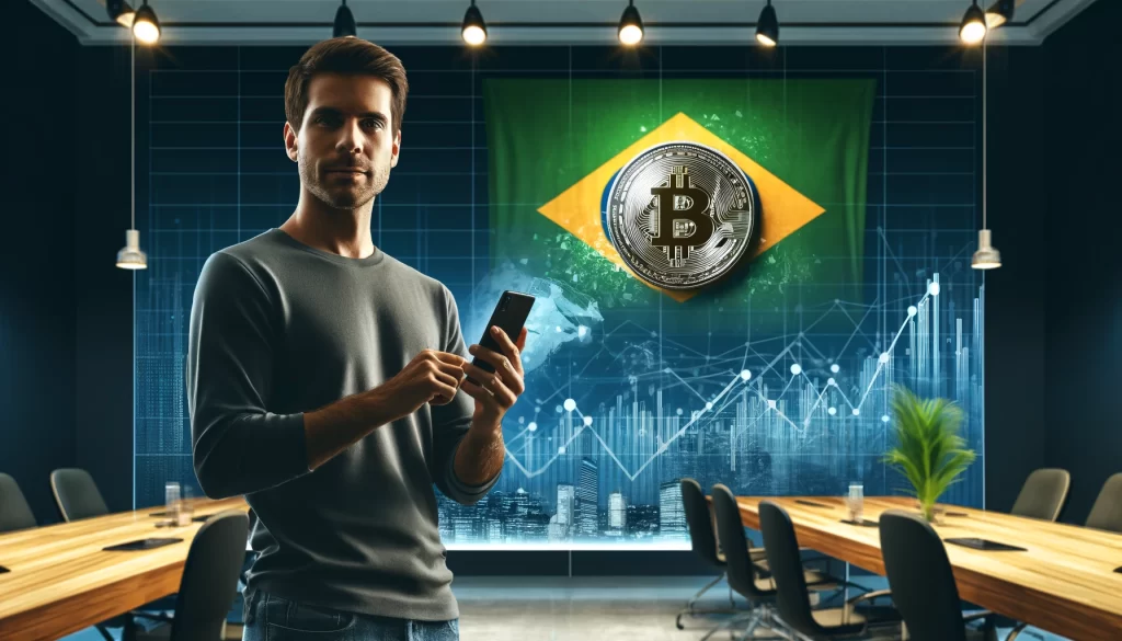 A imagem mostra um homem confiante segurando um celular, em uma sala com uma mesa e uma bandeira do Brasil ao fundo, com um símbolo do bitcoin em seu centro.