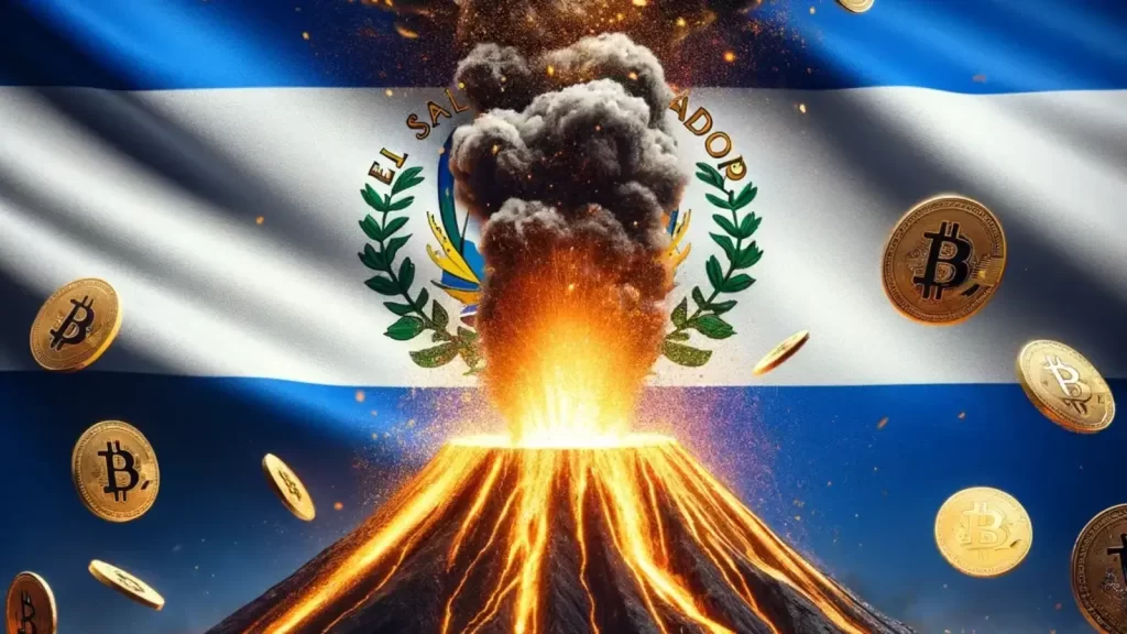 A imagem mostra a bandeira de El Salvador com um vulcão em erupção na frente, expelindo Bitcoins, rementendo a notícia de mineração da criptomoeda pelo país, utilizando energia geotérmica.