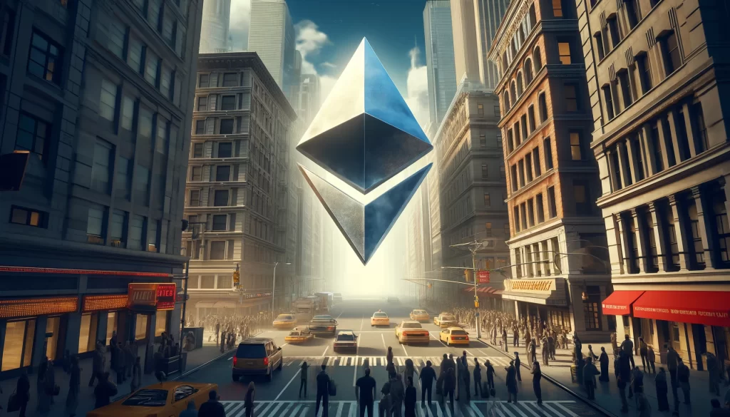 A imagem mostra o símbolo do Ethereum subindo aos céus na cidade de Nova Iorque, com pessoas olhando para ele maravilhadas. O estilo é realista tecnológico.