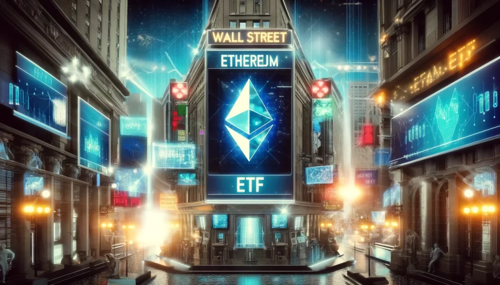 Uma imagem futurista mostrando o Ethereum ETF exibido em telas digitais em Wall Street, com foco em um grande display digital com o anúncio do Ethereum ETF em letras brilhantes e destacadas. O fundo apresenta uma versão simplificada dos prédios de Wall Street com elementos tecnológicos mínimos e uma sutil iluminação neon.