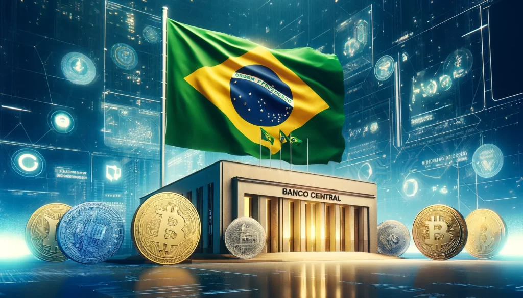 A imagem mostra a bandeira do Brasil ao lado do Banco Central, com elementos de criptomoedas em um cenário tecnológico futurista e moderno.