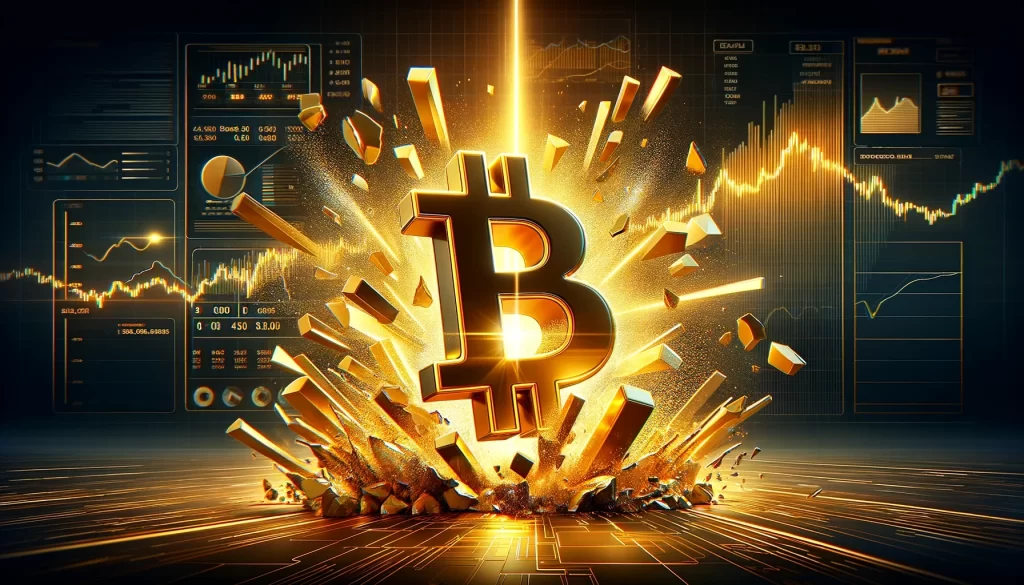 A imagem mostra um símbolo do Bitcoin brilhante e dourado quebrando uma barreira. Fragmentos voam dramaticamente ao redor, representando o rompimento de um nível de resistência. O fundo é uma cena de alta tecnologia com gráficos digitais e uma paisagem urbana futurista.