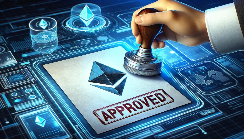 Uma imagem realista de um papel com o símbolo do Ethereum (ETH) sendo carimbado como "Aprovado".