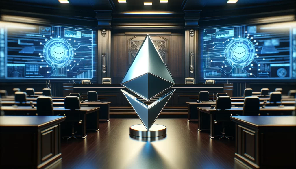 A imagem mostra o símbolo do Ethereum (ETH) no centro de uma corte de julgamento, representando as decisões regulatórias em torno deste criptoativo nos EUA.