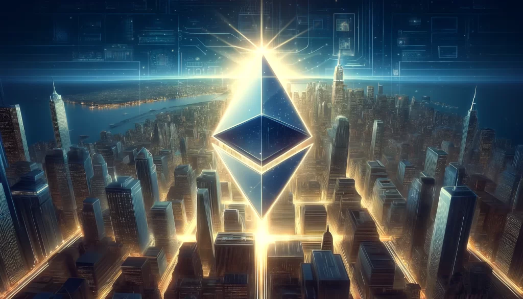 A imagem mostra o símbolo do Ethereum ETH brilhando fortemente sobre a cidade de Nova Iorque, em um estilo realista tecnológico.