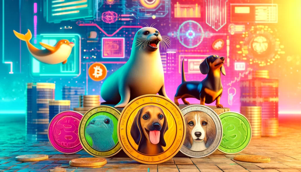 A imagem colorida e envolvente mostra moedas meme, com cachorros e focas.