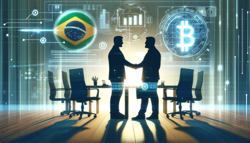 A imagem mostra o perfil de dois executivos apertando as mãos, firmando um acordo. O cenário mostra uma sala de reuniões com um fundo tecnológico e a bandeira do Brasil ao lado do símbolo do Bitcoin.