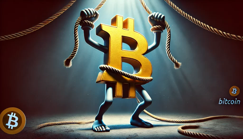 O símcolo do BTC amarrado em cordas, segurando duas pontas de cordas.