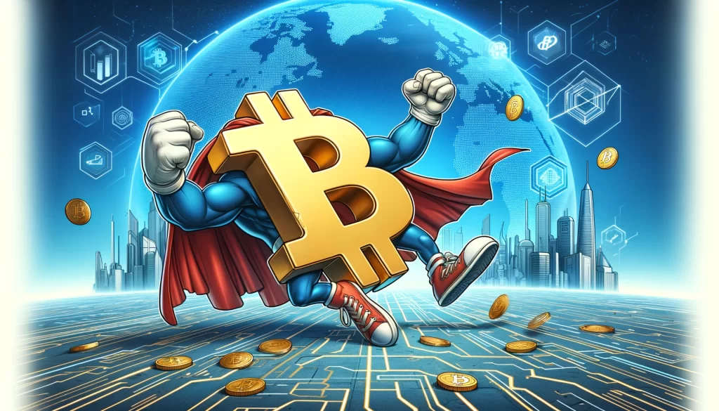 A imagem mostra um símbolo do Bitcoin "super-herói", com fortes braços e pernas e uma capa, caindo como se houvesse sido golpeado.