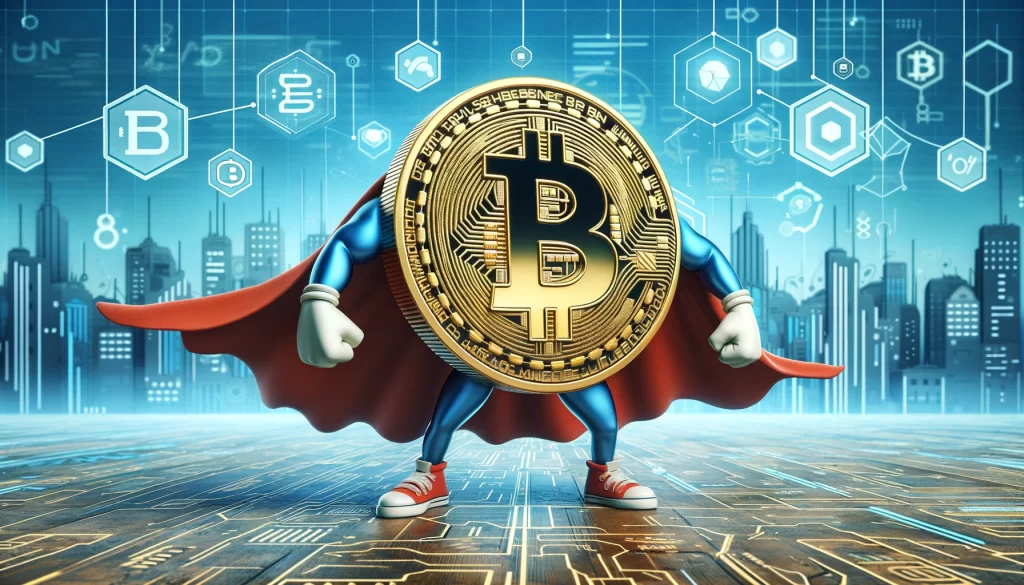 A imagem mostra uma moeda de Bitcoin vestida de super-herói, com braços fortes e uma capa vermelha.