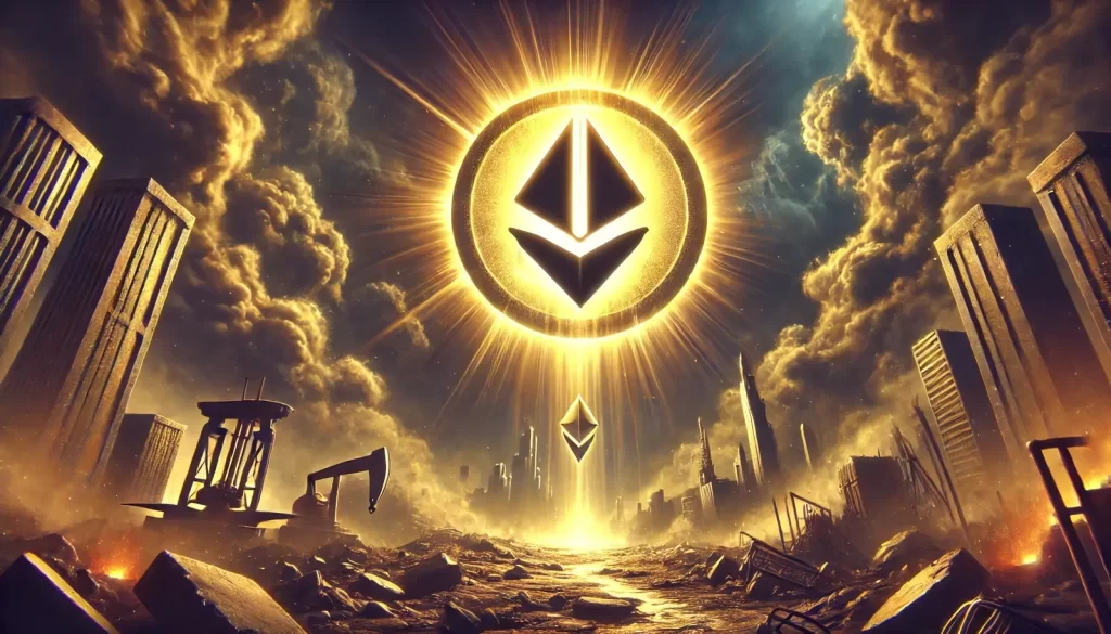 A imagem mostra o símbolo do ETH subindo aos céus, saindo de um cenário de destruição.