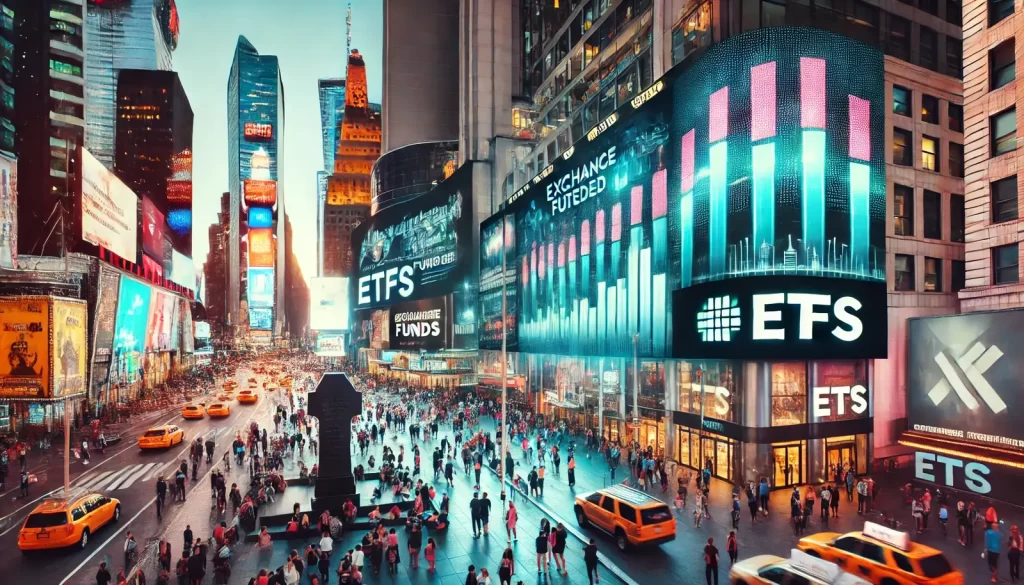 Desenho das ruas de Nova York com outdoors de ETFs.