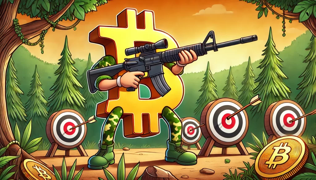 O símbolo do bitcoin carregando um rifle em uma selva, mirando em alguns alvos.