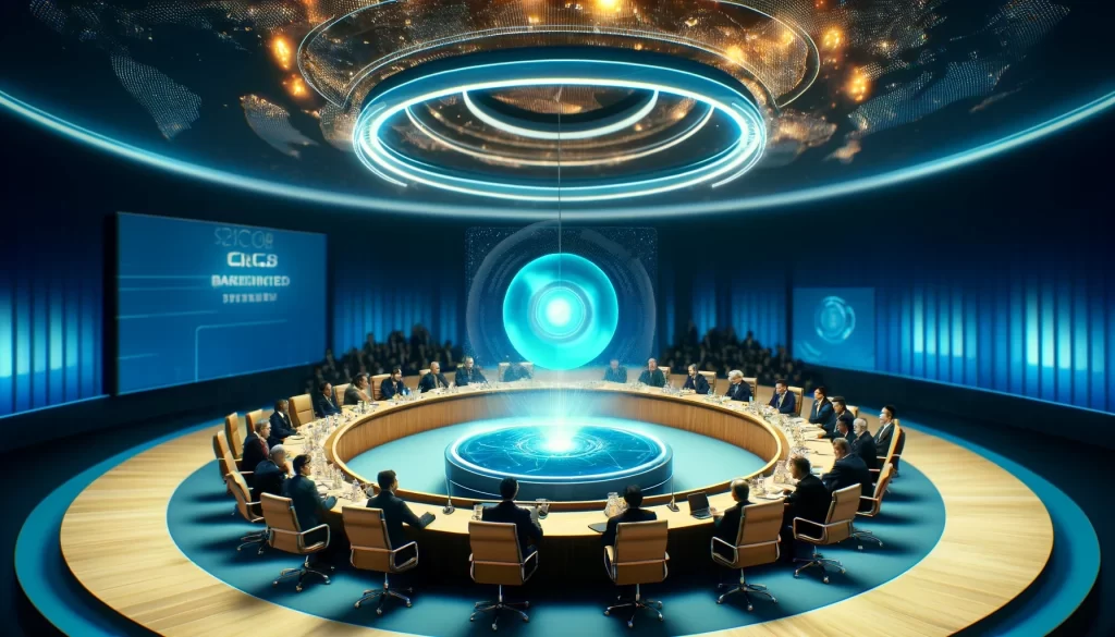 A imagem mostra uma sala de reuniões circular onde representantes do G20 discutem sobre segurança digital. Ao centro da sala, um holograma mostra um círculo de luz.