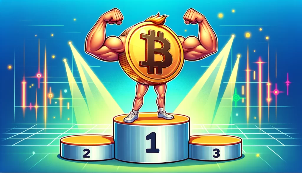 A imagem mostra o símbolo do BTC em estilo de cartoon forte, mostrando os músculos, no primeiro lugar de um pódio.