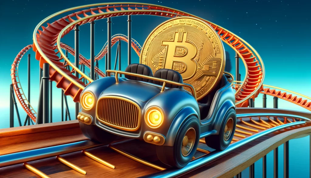 A imagem mostra um carro, com uma grande moeda de Bitcoin dentro dele, andando sobre os trilhos de uma montanha-russa.