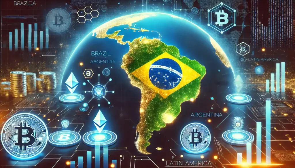 O mapa da América Latina com elementos de criptomoedas e as bandeiras do Brasil e Argentina